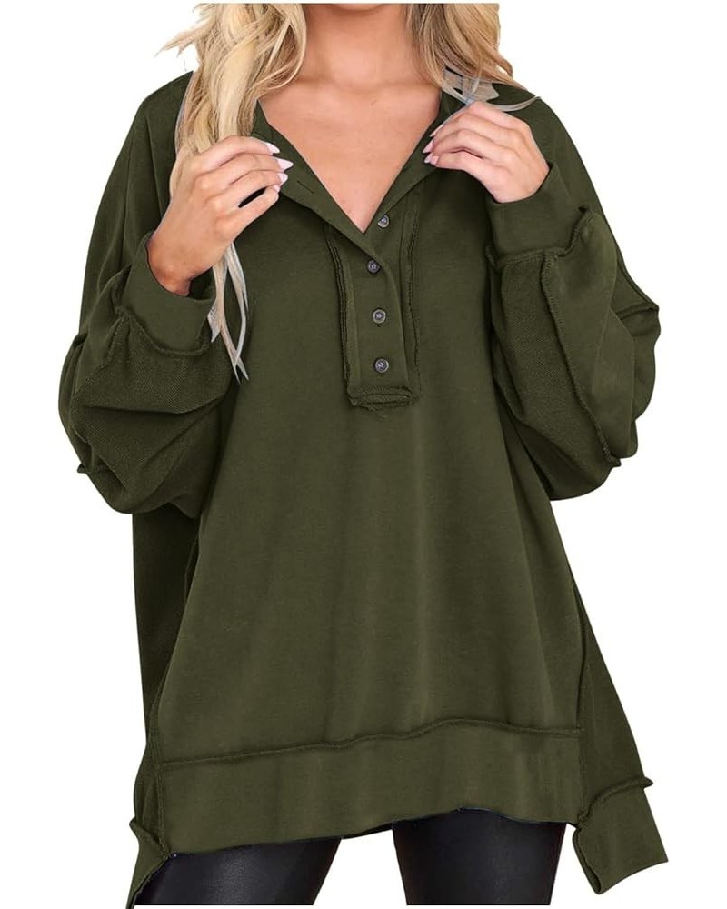 Women’s Trendy Oversized Sweatshirts Half Button Up Long Sleeve Baggy Shirts Loose Fit Solid Casual Pullover Tops 1 Army Gree...