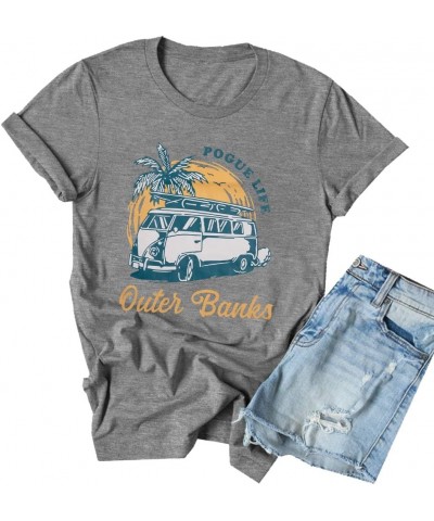 Outer Banks Pogue Life T-Shirt Women Bleached Tie Dye Surfing Lover Shirt Palm Tree Bus Graphic Tee Light Grey $10.00 T-Shirts