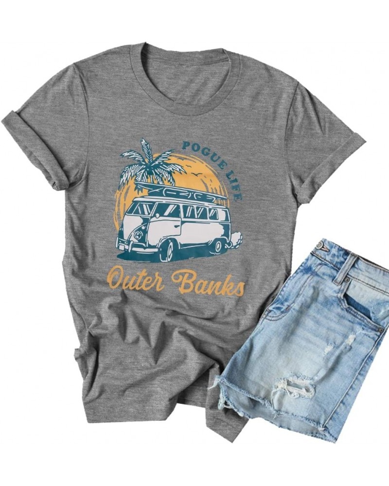 Outer Banks Pogue Life T-Shirt Women Bleached Tie Dye Surfing Lover Shirt Palm Tree Bus Graphic Tee Light Grey $10.00 T-Shirts