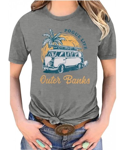 Outer Banks Pogue Life T-Shirt Women Bleached Tie Dye Surfing Lover Shirt Palm Tree Bus Graphic Tee Light Grey $10.00 T-Shirts