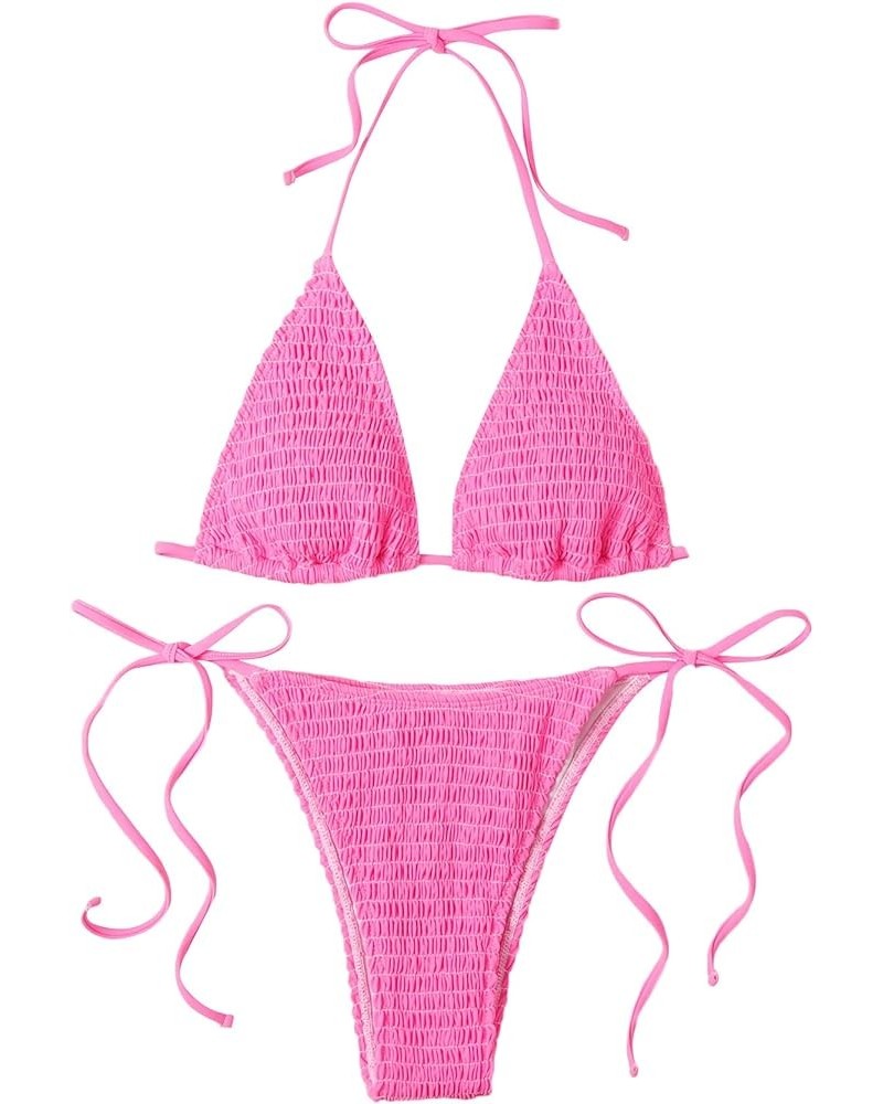 Women's 2 Piece Triangle Bathing Suit Halter Top ​Tie Side Thong Bikini Swimsuits Hot Pink $17.00 Swimsuits