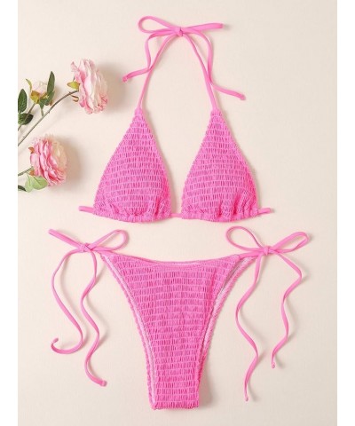 Women's 2 Piece Triangle Bathing Suit Halter Top ​Tie Side Thong Bikini Swimsuits Hot Pink $17.00 Swimsuits