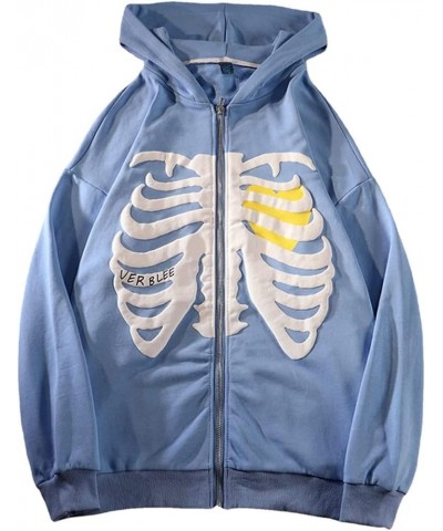 Women Oversized Zip Up Hoodie Fashion Long Sleeve Graphic Skeleton Sweatshirt Cool Outwear Blue-1 $16.32 Hoodies & Sweatshirts