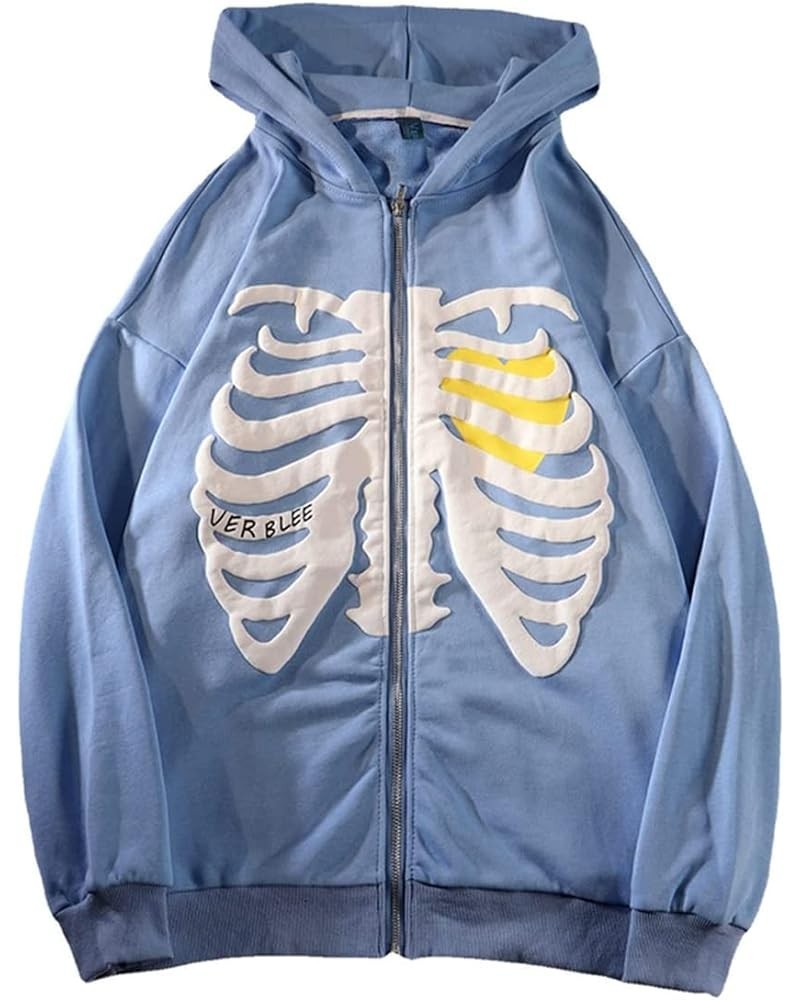 Women Oversized Zip Up Hoodie Fashion Long Sleeve Graphic Skeleton Sweatshirt Cool Outwear Blue-1 $16.32 Hoodies & Sweatshirts