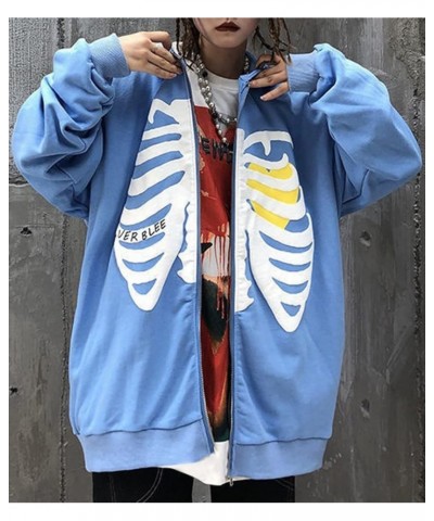 Women Oversized Zip Up Hoodie Fashion Long Sleeve Graphic Skeleton Sweatshirt Cool Outwear Blue-1 $16.32 Hoodies & Sweatshirts