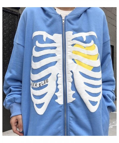 Women Oversized Zip Up Hoodie Fashion Long Sleeve Graphic Skeleton Sweatshirt Cool Outwear Blue-1 $16.32 Hoodies & Sweatshirts