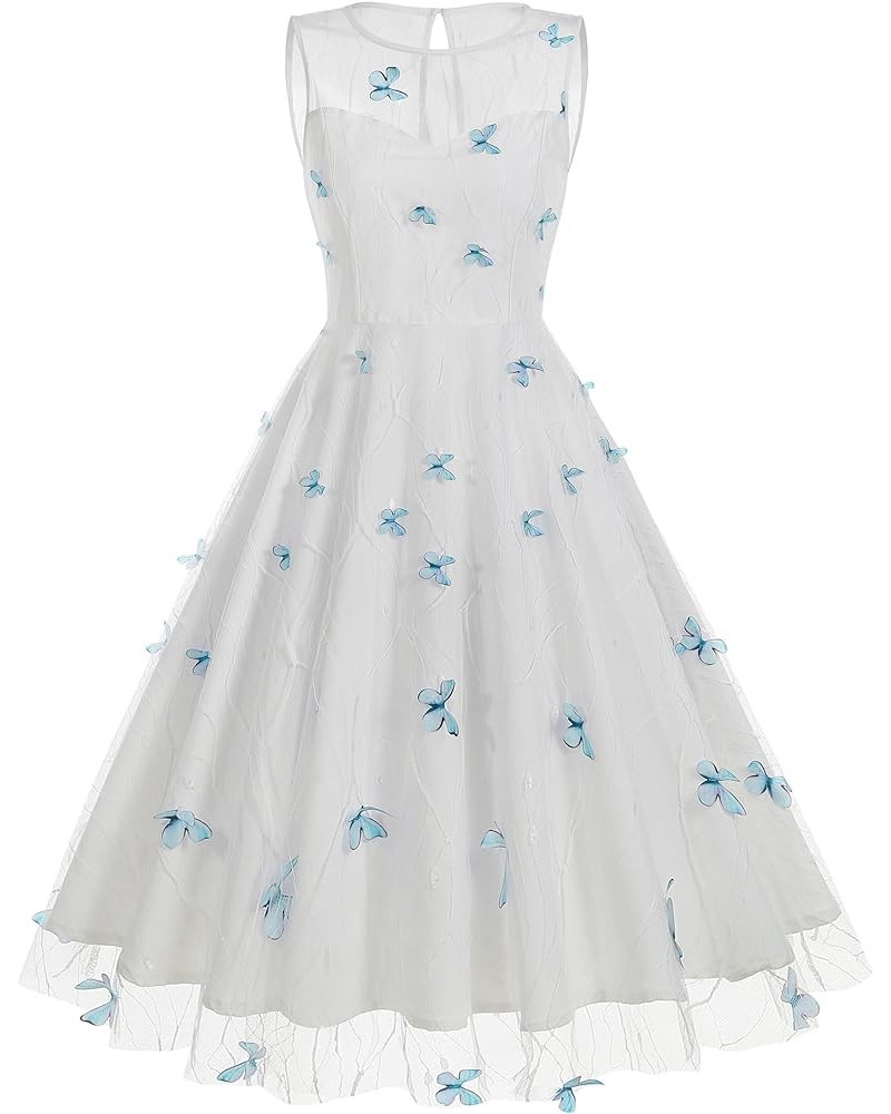 Women's Embroidery Mesh Overlay Vintage Cocktail Formal Dinner Dress Butterfly Blue $15.40 Dresses