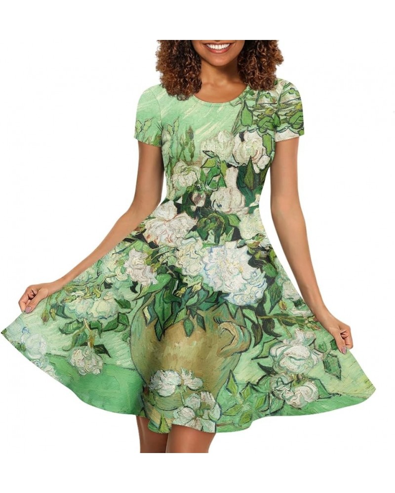 JooMeryer Women's Realistic 3D Printed Van Gogh Dress Short Sleeve Crew Neck Casual Midi Dresses Vase With Roses $17.69 Dresses