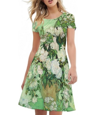 JooMeryer Women's Realistic 3D Printed Van Gogh Dress Short Sleeve Crew Neck Casual Midi Dresses Vase With Roses $17.69 Dresses