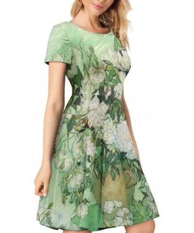 JooMeryer Women's Realistic 3D Printed Van Gogh Dress Short Sleeve Crew Neck Casual Midi Dresses Vase With Roses $17.69 Dresses