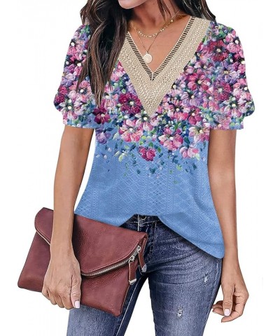 Womens Tops Casual Cute Tops Puff Sleeve Summer Tops 2024 Trendy Floral Print Lace V Neck Short Sleeve Shirts C Lace Flower 1...