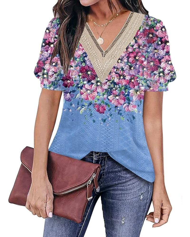 Womens Tops Casual Cute Tops Puff Sleeve Summer Tops 2024 Trendy Floral Print Lace V Neck Short Sleeve Shirts C Lace Flower 1...