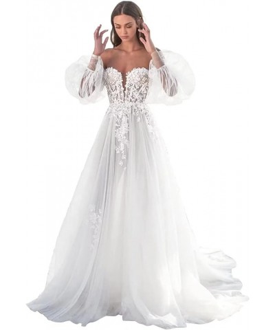 Long Wedding Dresses for Bride 2022 A-line Tulle Lace Appliques Formal Gown with Train 20-white $42.24 Dresses