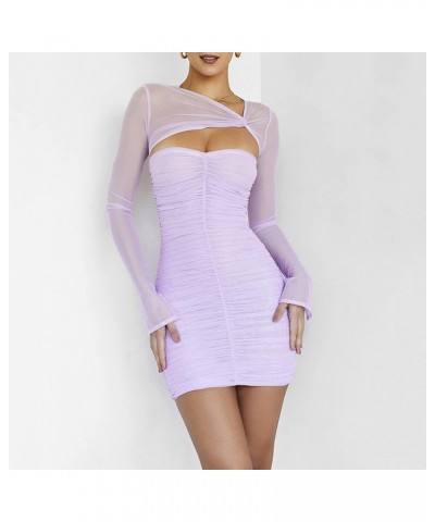 Womens Sexy Bodycon Ruched Long Sleeve Sheer Mesh Cut Out Mini Club Party Dress Lavender-1 $24.75 Dresses