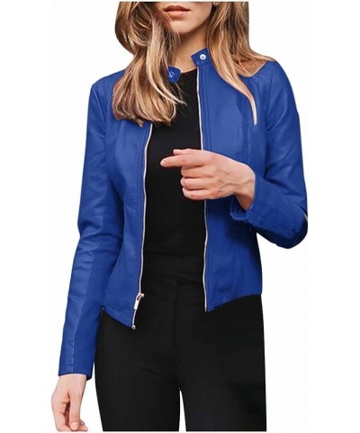 Women's Faux Leather Shacket Zip up Motorcycle Jacket Casual Lightweight Jacket Moto Biker Coat Long Sleeve Coat 24 Blue $5.0...