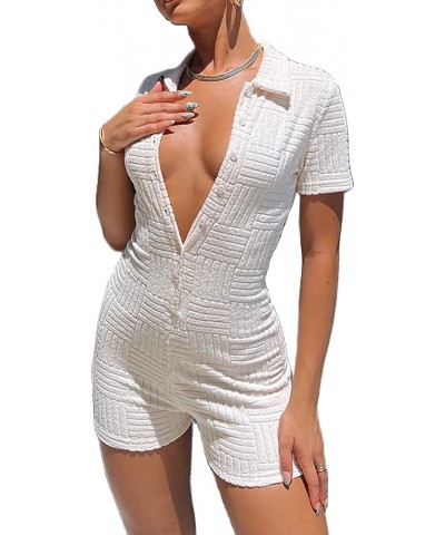 Women Short Sleeve Jumpsuit Sexy Bodycon Button Down Lapel Collared Romper One Piece Bodysuit Overall Y2K Playsuit B-white $1...