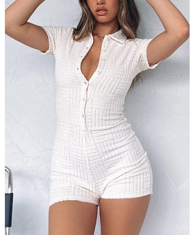 Women Short Sleeve Jumpsuit Sexy Bodycon Button Down Lapel Collared Romper One Piece Bodysuit Overall Y2K Playsuit B-white $1...