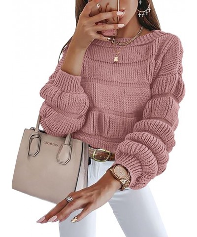 Womens Fashion Fall Sweaters 2024 Casual Puff Sleeve Crew Neck Loose Chunky Knit Pullover Winter Cute Clothes Pink $22.56 Swe...