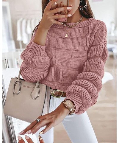Womens Fashion Fall Sweaters 2024 Casual Puff Sleeve Crew Neck Loose Chunky Knit Pullover Winter Cute Clothes Pink $22.56 Swe...