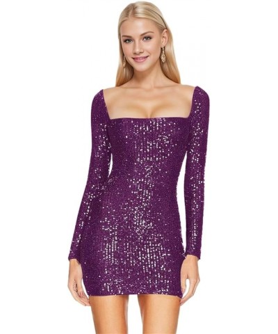 Sparkly Sequin Long Sleeve Homecoming Dresses for Teens Square Short Prom Party Gown Plum $32.50 Dresses