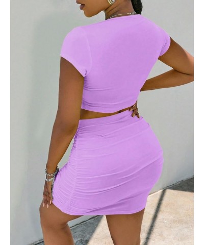 Women's 2 Piece Outfits Cap Sleeve Crop Tee and Ruched Bodycon Mini Skirt Set Lilac Purple $17.94 Suits