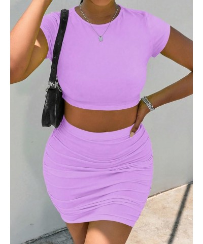 Women's 2 Piece Outfits Cap Sleeve Crop Tee and Ruched Bodycon Mini Skirt Set Lilac Purple $17.94 Suits