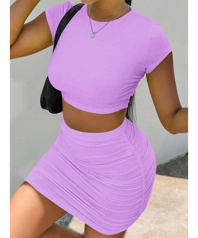 Women's 2 Piece Outfits Cap Sleeve Crop Tee and Ruched Bodycon Mini Skirt Set Lilac Purple $17.94 Suits