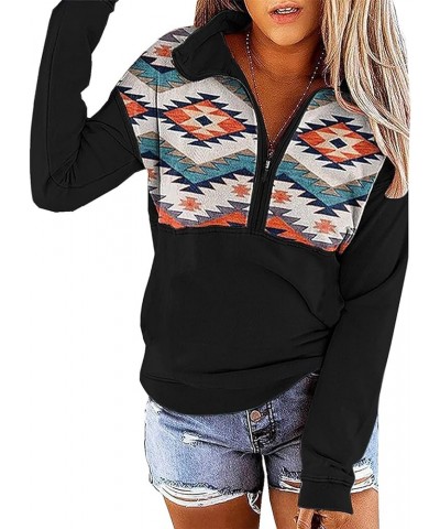 Women's Casual Aztec Geometric Zipper Collar Pullover Sweatshirt Wblack1 $16.10 Hoodies & Sweatshirts