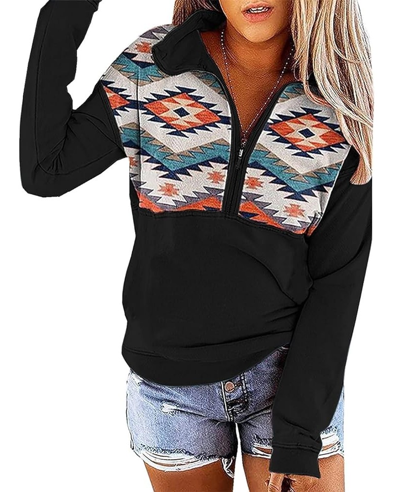 Women's Casual Aztec Geometric Zipper Collar Pullover Sweatshirt Wblack1 $16.10 Hoodies & Sweatshirts