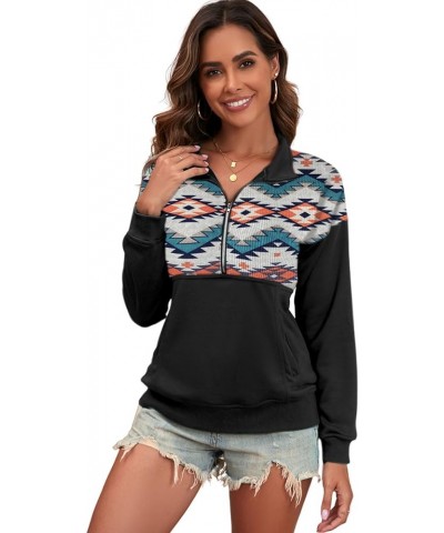 Women's Casual Aztec Geometric Zipper Collar Pullover Sweatshirt Wblack1 $16.10 Hoodies & Sweatshirts