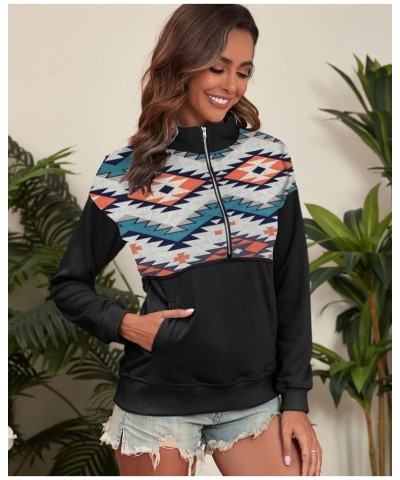 Women's Casual Aztec Geometric Zipper Collar Pullover Sweatshirt Wblack1 $16.10 Hoodies & Sweatshirts