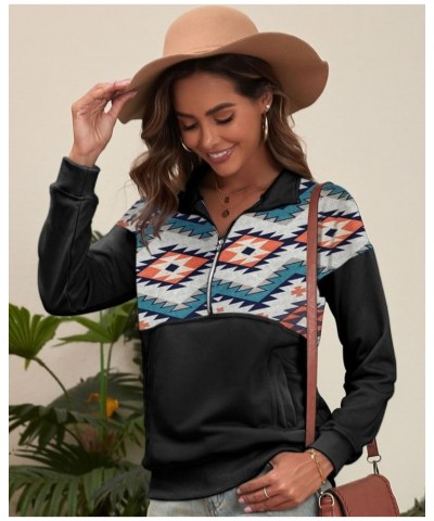 Women's Casual Aztec Geometric Zipper Collar Pullover Sweatshirt Wblack1 $16.10 Hoodies & Sweatshirts