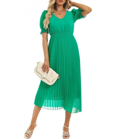 Women's Sheer Puff Sleeve Pleated Flowy Dress V Neck Midi Summer Casual Dress Green $21.59 Dresses