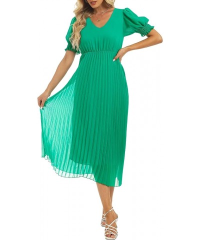 Women's Sheer Puff Sleeve Pleated Flowy Dress V Neck Midi Summer Casual Dress Green $21.59 Dresses