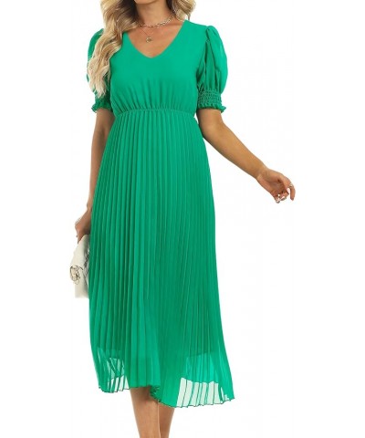 Women's Sheer Puff Sleeve Pleated Flowy Dress V Neck Midi Summer Casual Dress Green $21.59 Dresses