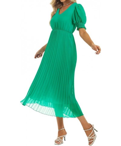 Women's Sheer Puff Sleeve Pleated Flowy Dress V Neck Midi Summer Casual Dress Green $21.59 Dresses