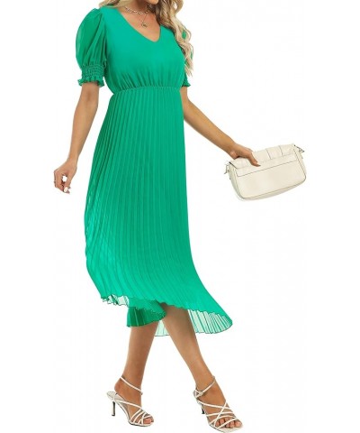 Women's Sheer Puff Sleeve Pleated Flowy Dress V Neck Midi Summer Casual Dress Green $21.59 Dresses