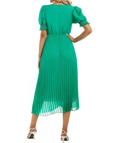 Women's Sheer Puff Sleeve Pleated Flowy Dress V Neck Midi Summer Casual Dress Green $21.59 Dresses