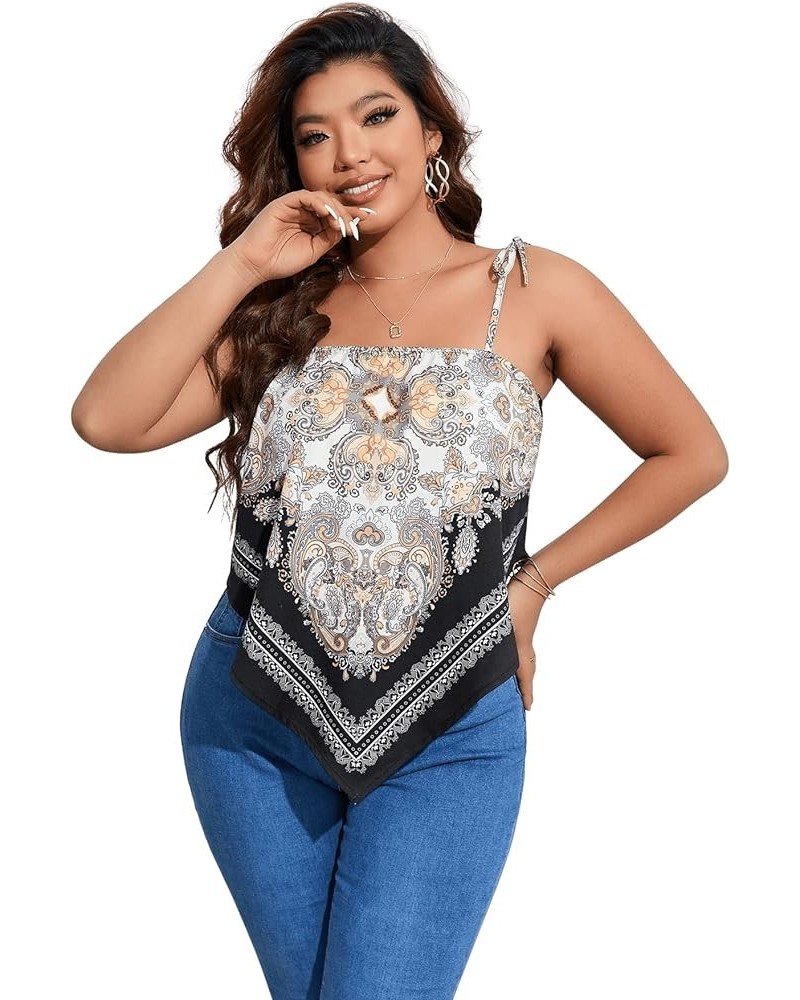 Women's Plus Size Boho Printed Tie Shoulder Sleeveless Hanky Hem Cami Top White Paisley $14.74 Tanks