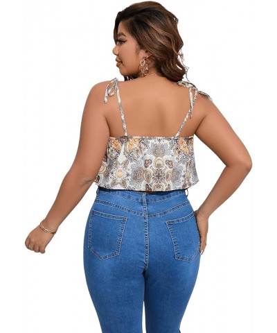 Women's Plus Size Boho Printed Tie Shoulder Sleeveless Hanky Hem Cami Top White Paisley $14.74 Tanks