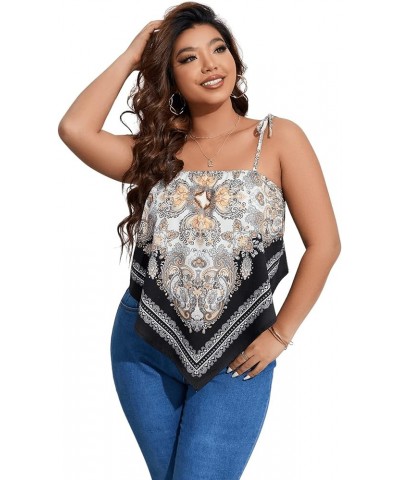 Women's Plus Size Boho Printed Tie Shoulder Sleeveless Hanky Hem Cami Top White Paisley $14.74 Tanks