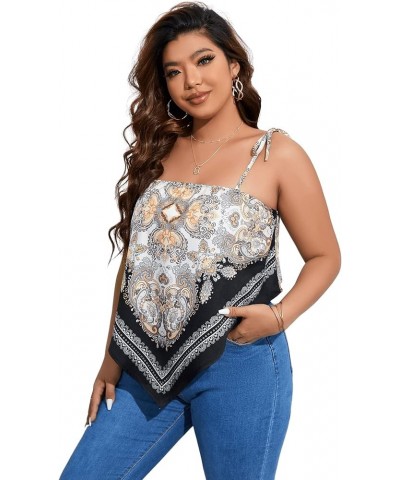 Women's Plus Size Boho Printed Tie Shoulder Sleeveless Hanky Hem Cami Top White Paisley $14.74 Tanks