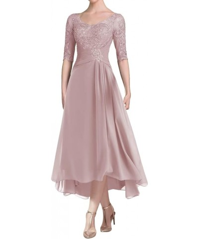 Tea Length Mother of The Bride Dresses with Sleeves Laces Appliques Ruched Chiffon Formal Evening Gowns Wine $35.25 Dresses
