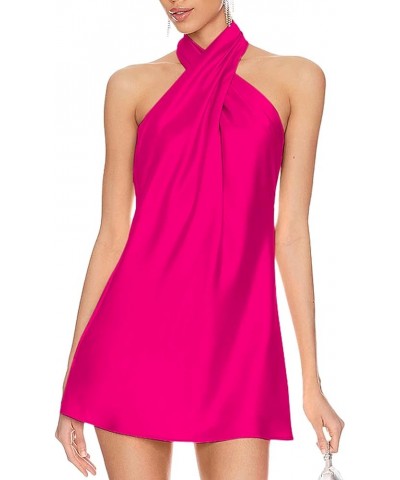 Women's 2024 Summer Satin Dress Crisscross Sleeveless Halter Neck Cocktail Party Mini Dress L3: Hot Pink $25.64 Dresses