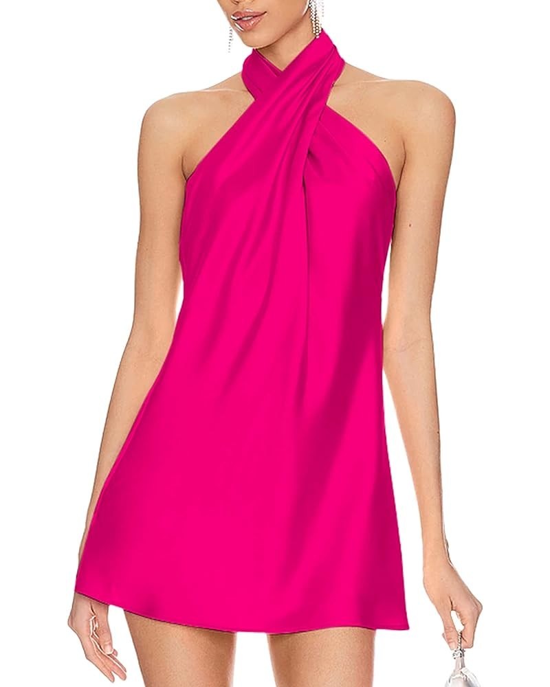 Women's 2024 Summer Satin Dress Crisscross Sleeveless Halter Neck Cocktail Party Mini Dress L3: Hot Pink $25.64 Dresses