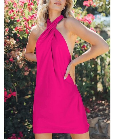 Women's 2024 Summer Satin Dress Crisscross Sleeveless Halter Neck Cocktail Party Mini Dress L3: Hot Pink $25.64 Dresses