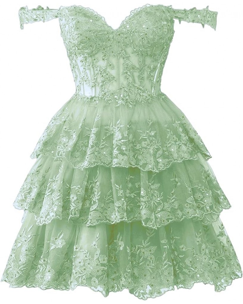 Sparkly Lace Tulle Homecoming Dresses 2024 Corset Applique Tiered Short Prom Dress Sweet 16 Formal Party Gown B-sage Green $3...