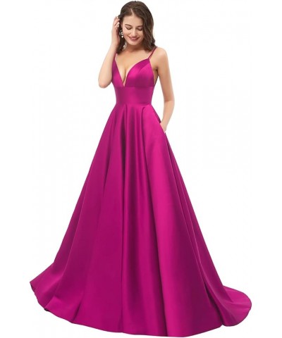 V Neck Prom Dresses 2024 Long Satin Bridesmaid Dress A-Line Spaghetti Strap Formal Evening Ball Gowns for Women Hot Pink $41....