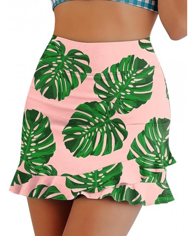 Women's Swim Skirts Ruffle Swimsuit High Waist Swimming Skorts with Shorts Tankini Bikini Bottoms with Pocket Pleated-pink Le...