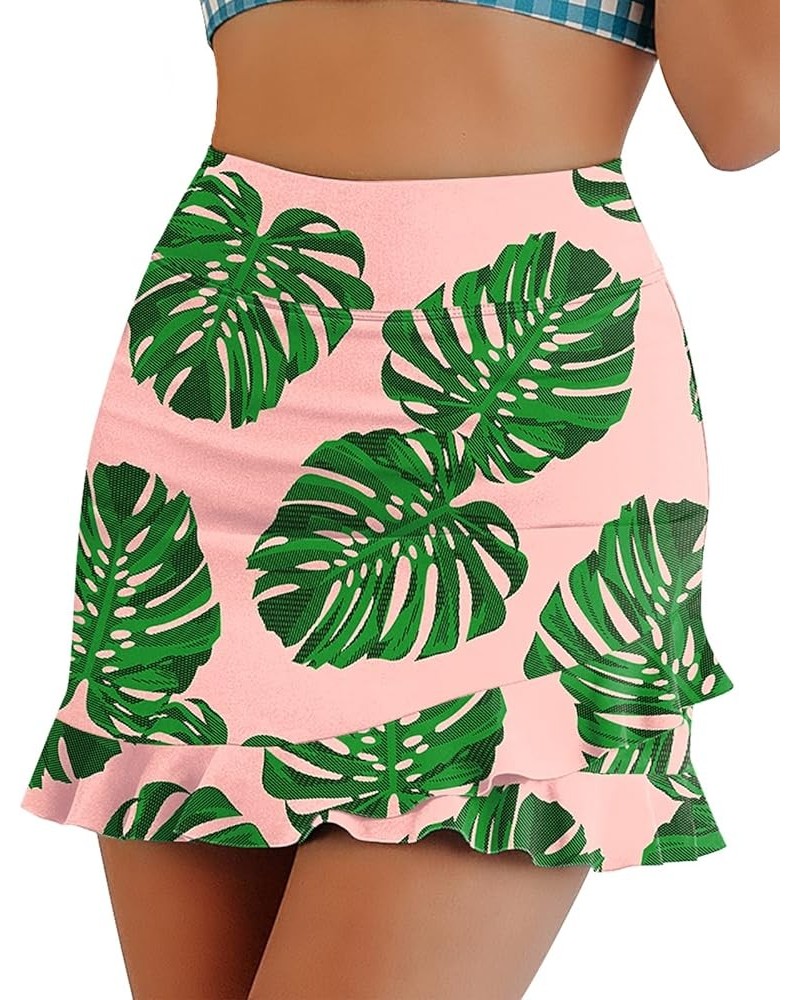 Women's Swim Skirts Ruffle Swimsuit High Waist Swimming Skorts with Shorts Tankini Bikini Bottoms with Pocket Pleated-pink Le...